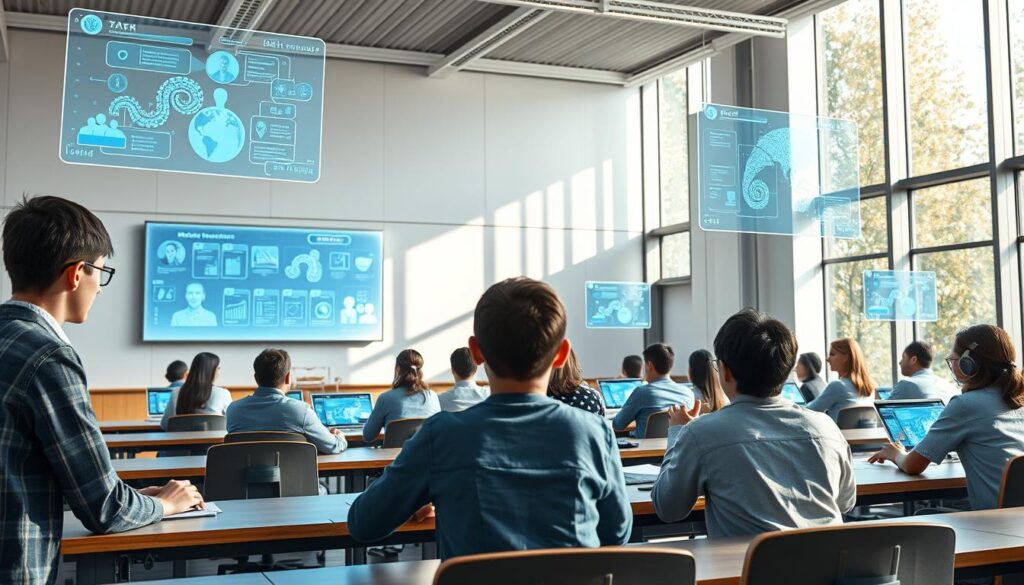A classroom of the future, where holographic AI tutors engage students in immersive, personalized learning experiences. Floating display screens showcase interactive lessons, algorithms adapting in real-time to individual needs. In the background, a sleek, minimalist architecture frames the scene, natural light filtering through expansive windows. The atmosphere is one of focused curiosity and wonder, as students harness the power of AI to unlock their full potential.
