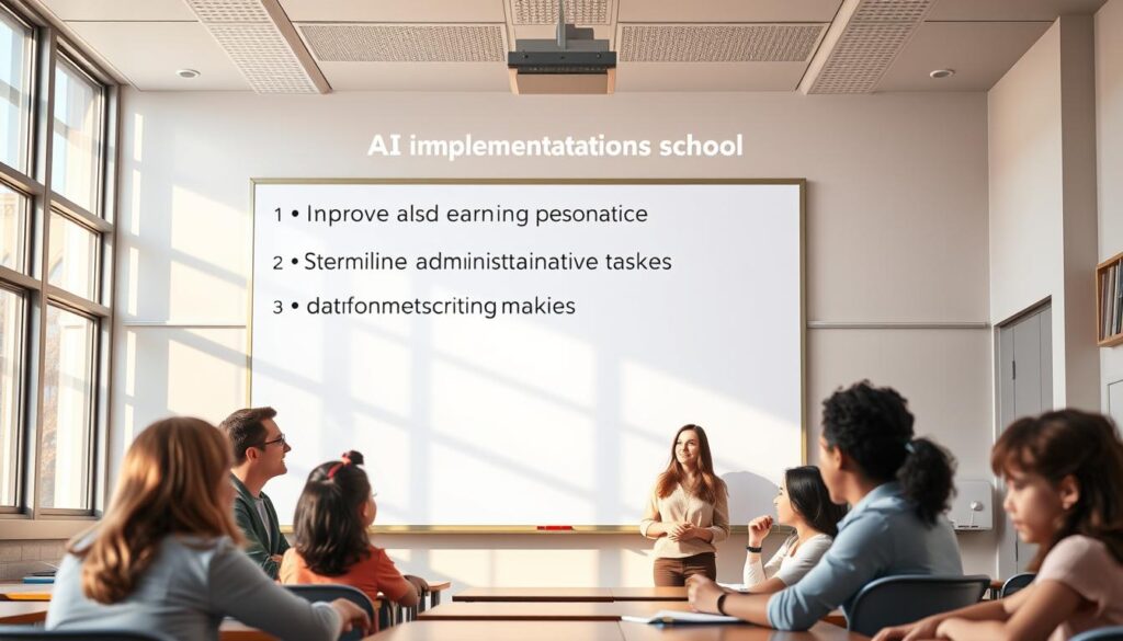 A classroom setting with a prominent whiteboard or interactive display at the center. Atop the whiteboard, a series of bulleted objectives are projected, each highlighting key AI implementation goals for a school - improving student engagement, personalizing learning pathways, streamlining administrative tasks, and enhancing data-driven decision making. The classroom is bathed in warm, natural lighting filtering through large windows, conveying a sense of openness and forward-thinking. Teachers and students are engaged in collaborative discussions, their faces reflecting a shared sense of purpose and excitement about the potential of AI to transform the educational experience.