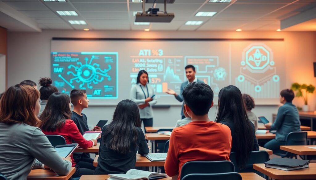 A classroom setting, with students and a teacher engaged in a discussion on AI ethics. The foreground features a group of students, diverse in age and background, attentively listening to the teacher, who stands at the front, gesturing expressively. The middle ground showcases educational materials, such as textbooks and tablets, highlighting the integration of technology in the learning environment. The background subtly depicts an AI-powered learning system, with data visualizations and algorithms projected on the walls, symbolizing the ethical considerations surrounding the use of AI in education. The scene is illuminated by warm, natural lighting, conveying a sense of thoughtful exploration and collaborative learning.