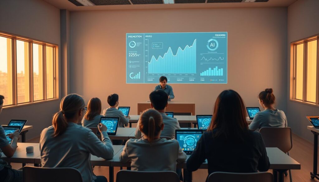 A classroom setting with students intently focused on their individual tablet devices, surrounded by a minimalist, futuristic interior. The teacher's desk features a holographic display showcasing AI-generated analytics, visualizing learning trends and progress. Warm, diffused lighting filters through large windows, creating a serene, contemplative atmosphere. The scene evokes a sense of personalized, data-driven education, where AI seamlessly integrates with the learning experience.