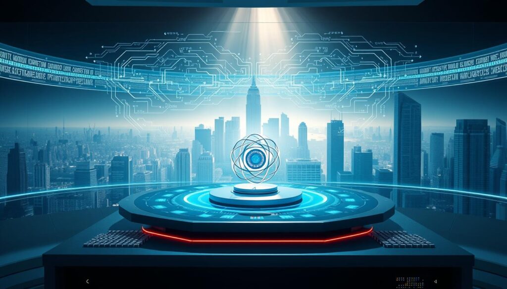 A complex quantum circuit diagram hovers above a sleek, futuristic workstation. Glowing holographic displays show lines of intricate code, while a 3D model of a quantum algorithm rotates in the center. The workstation is bathed in a cool, bluish light, creating an atmosphere of technological sophistication. In the background, a sprawling cityscape stretches out, hinting at the vast potential of this quantum AI system. Rays of light pierce through tall skyscrapers, casting dramatic shadows across the scene. The overall impression is one of cutting-edge innovation and the dawn of a new era in computing.
