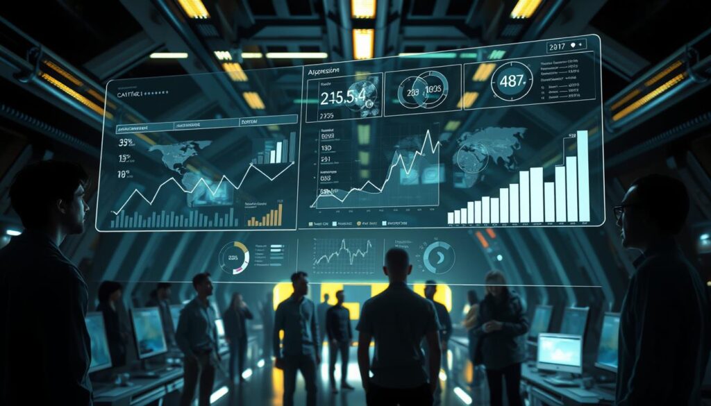 A data visualization dashboard floats in a dimly lit, futuristic setting. Translucent graphs and charts hover in the foreground, showcasing complex statistical analysis. In the middle ground, diverse human figures interact with the dashboard, some expressions perplexed, others thoughtful. The background depicts a cavernous, high-tech laboratory, with glowing computer terminals and sleek, angular architecture. The overall atmosphere conveys a sense of technological power and the need to carefully navigate the nuances of algorithmic fairness.