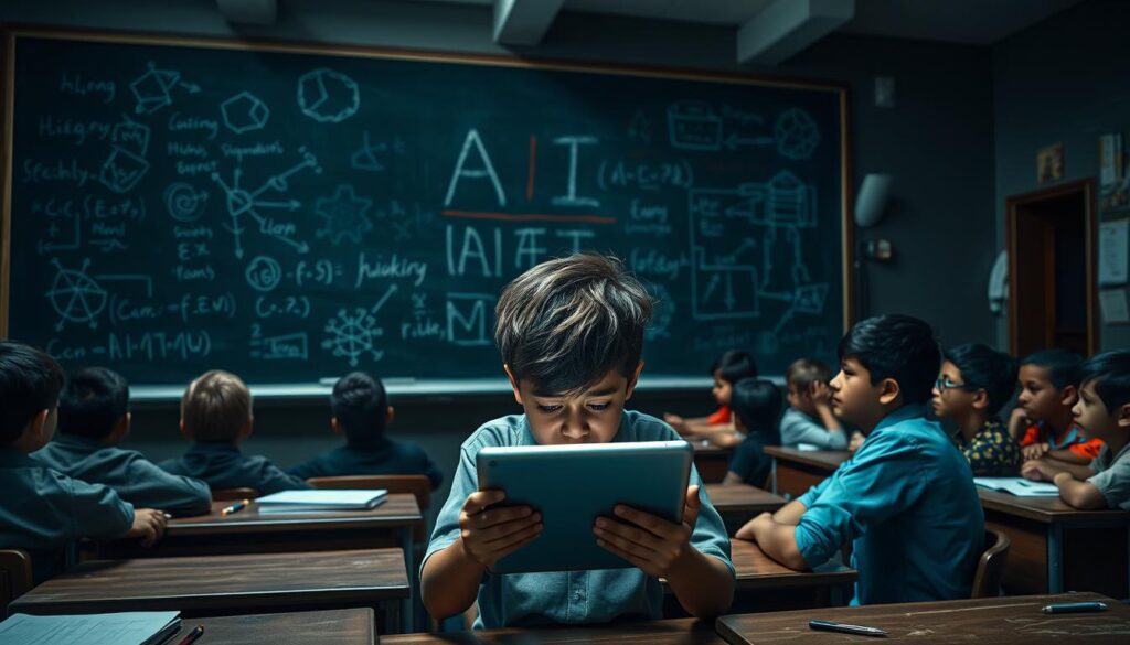 A dimly lit classroom with a chalkboard showcasing complex AI algorithms. In the foreground, a frustrated student grapples with a malfunctioning AI-powered tablet, their expression conveying the challenges of integrating new technology. The middle ground features a bewildered teacher attempting to guide the class, surrounded by students of diverse backgrounds, each with unique learning needs. The background depicts a dreary, outdated infrastructure, symbolizing the systemic barriers to implementing effective AI-driven personalized education. Moody lighting and muted colors create a sense of tension, highlighting the complexities of revolutionizing education through AI.
