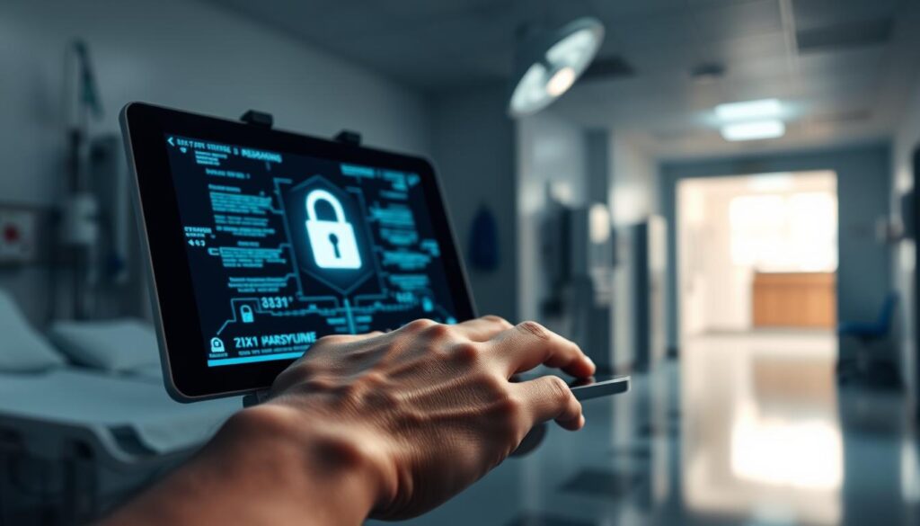 A dimly lit hospital room, the soft glow of medical equipment casting shadows on the walls. In the foreground, a patient's hand rests on a tablet, the screen displaying a secure data interface, symbolizing the privacy and confidentiality of their medical information. The background is blurred, hinting at the busy activity of the medical facility, while the focus remains on the patient's hand, emphasizing the importance of their personal data and the need to protect it. The scene conveys a sense of trust, security, and the ethical considerations surrounding the use of AI in medical research, where patient privacy and consent are paramount.