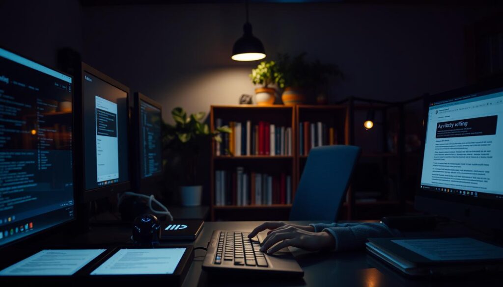 A dimly lit office space, illuminated by the soft glow of multiple digital displays. In the foreground, an array of AI writing tools are prominently featured, each with its own distinct interface and functionality. The middle ground showcases a writer intently focused, their fingers dancing across a keyboard as they collaborate with the AI assistants. In the background, a bookshelf filled with reference materials and a potted plant adding a touch of organic warmth to the otherwise technological environment. The scene conveys a sense of innovation, productivity, and the seamless integration of human and artificial intelligence in the creative writing process.