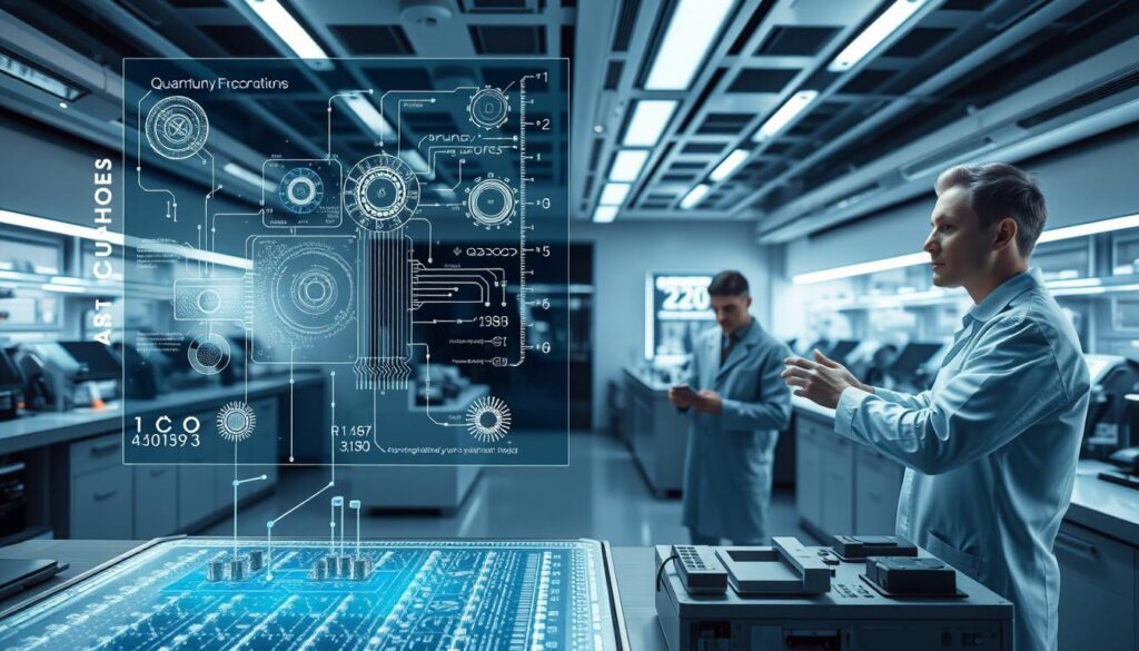 A futuristic laboratory setting with a central holographic display showcasing complex quantum computing schematics. The foreground features intricate quantum circuits and qubit arrays, their delicate components seemingly suspended in midair. In the middle ground, scientists in sleek, minimalist uniforms study readouts and manipulate controls, their expressions intense with concentration. The background reveals a panoramic view of the lab, with state-of-the-art equipment and advanced technology lining the walls, creating an atmosphere of cutting-edge innovation. Soft, directional lighting illuminates the scene, casting dramatic shadows and highlighting the precision and complexity of the quantum computing solutions on display.