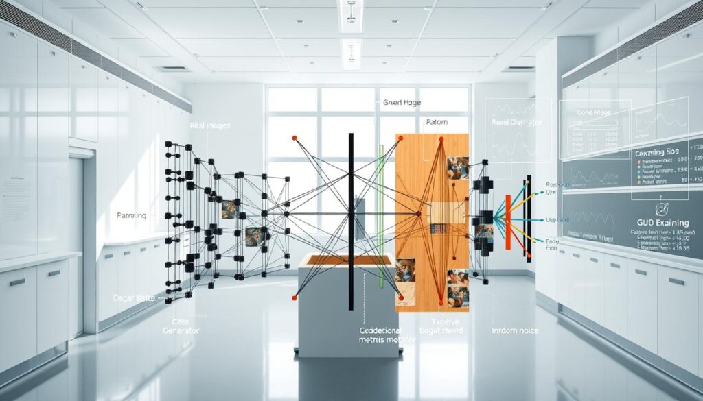 A highly detailed, cross-sectional diagram of a Generative Adversarial Network (GAN) architecture. The scene is set in a clean, modern laboratory environment with white walls and bright, natural lighting from large windows. In the foreground, a complex neural network structure is prominently displayed, with distinct generator and discriminator components interconnected by arrows and data flows. The middle ground showcases various input data sources, such as real images and random noise, feeding into the GAN. In the background, subtle visualizations of the training process are depicted, including loss curves, metrics, and evaluation results. The overall atmosphere conveys a sense of technical sophistication, scientific exploration, and the inner workings of this powerful generative deep learning model.