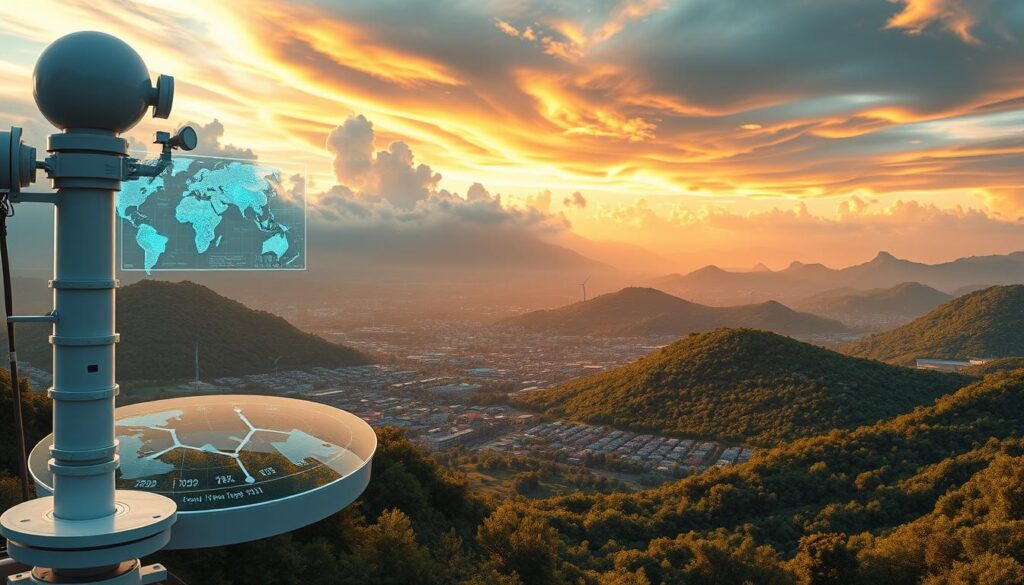 A hyper-realistic digital landscape depicting AI-powered climate prediction. In the foreground, a sleek, futuristic weather monitoring station with an array of advanced sensors. Floating holographic displays showcase complex data visualizations, animated climate models, and predictive analytics. In the middle ground, a sprawling metropolis surrounded by lush greenery, with renewable energy infrastructure like wind turbines and solar panels. The background features a dramatic, awe-inspiring vista of towering mountain ranges, swirling weather patterns, and a vibrant, saturated sky bathed in warm, golden light. The scene conveys a sense of technological innovation, environmental harmony, and humanity's harnessing of AI to combat climate change.