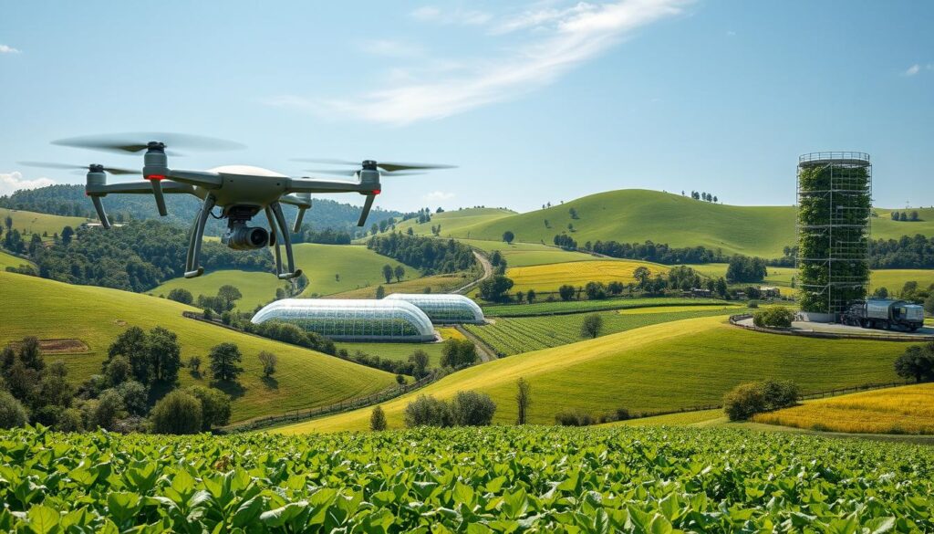 A lush, verdant landscape with rolling hills and a bright blue sky, where advanced agricultural technology seamlessly integrates with sustainable practices. In the foreground, sleek drones equipped with hyperspectral cameras and precision sensors monitor crop health and soil conditions, feeding data to an AI-powered decision support system. Robotic harvesters move gracefully through the fields, minimizing waste and optimizing yields. In the middle ground, smart greenhouses equipped with renewable energy sources and IoT-connected irrigation systems cultivate a diverse array of climate-resilient crops. In the distance, a state-of-the-art vertical farm tower rises, its LED-lit levels teeming with efficiently grown produce. The scene exudes a sense of technological harmony with nature, showcasing how AI can revolutionize agriculture and contribute to a more sustainable future.