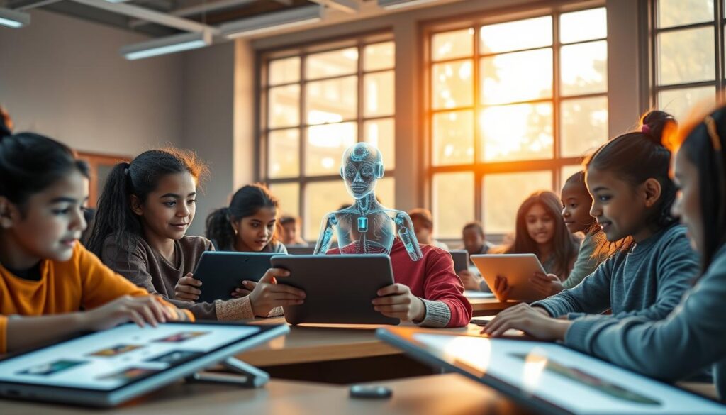 A serene classroom setting, illuminated by warm, natural lighting filtering through large windows. In the foreground, students of diverse backgrounds are engaged in personalized learning activities on sleek, futuristic tablets, their faces alight with curiosity and concentration. In the middle ground, an AI-powered learning assistant, a holographic figure, guides and interacts with the students, tailoring the content and pace to each individual's needs. The background showcases a state-of-the-art, technologically advanced learning environment, with seamless integration of digital resources and immersive educational experiences. The overall atmosphere conveys a sense of harmony, innovation, and the empowerment of learners through the seamless integration of AI-driven personalized learning solutions. A serene classroom setting, illuminated by warm, natural lighting filtering through large windows. In the foreground, students of diverse backgrounds are engaged in personalized learning activities on sleek, futuristic tablets, their faces alight with curiosity and concentration. In the middle ground, an AI-powered learning assistant, a holographic figure, guides and interacts with the students, tailoring the content and pace to each individual's needs. The background showcases a state-of-the-art, technologically advanced learning environment, with seamless integration of digital resources and immersive educational experiences. The overall atmosphere conveys a sense of harmony, innovation, and the empowerment of learners through the seamless integration of AI-driven personalized learning solutions.