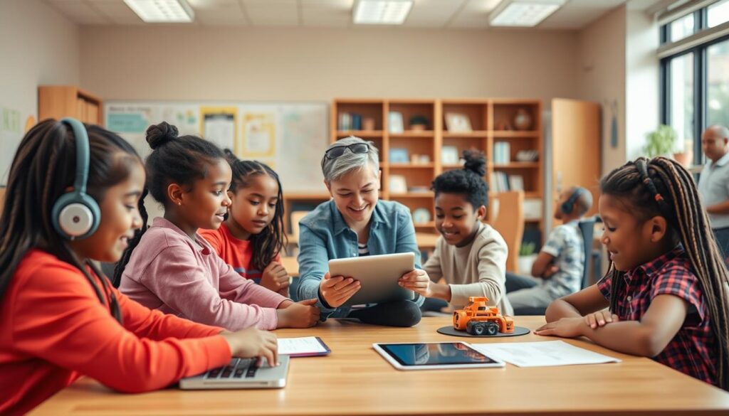 A serene classroom setting with a warm, inviting atmosphere. In the foreground, a group of diverse students engage with various AI-powered assistive technologies, such as voice-to-text software, tactile learning aids, and personalized digital tutors. In the middle ground, a teacher guides them, using a tablet to monitor their progress and adapt the lesson plan accordingly. The background showcases a well-equipped, accessible learning environment with natural lighting, ergonomic furniture, and inclusive educational resources. The overall scene conveys a sense of empowerment, inclusivity, and the transformative potential of AI in special education.