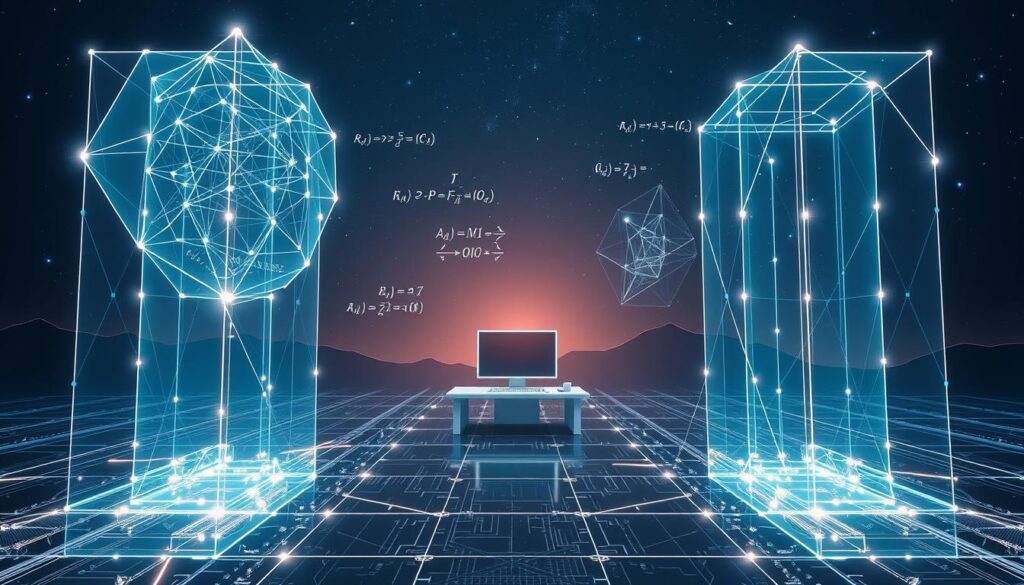 A serene quantum computing landscape with abstract wireframe structures and glowing quantum circuits. In the foreground, a holographic display showcases intricate quantum algorithms, their mathematical formulas and visualizations floating in mid-air. The middle ground features a state-of-the-art quantum workstation, sleek and minimalist, surrounded by a network of interconnected quantum devices. The background depicts a starry night sky, hinting at the vast, cosmic nature of quantum phenomena. Soft, diffused lighting creates a contemplative, futuristic atmosphere, inviting the viewer to explore the cutting edge of quantum AI development.
