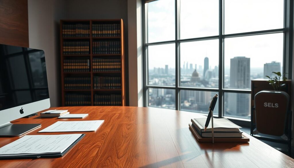 A serene, well-lit office space with a large window overlooking a cityscape. In the foreground, a wooden desk with a computer, papers, and a pen stand, representing the regulatory and compliance processes. In the middle ground, a bookshelf filled with volumes on governance frameworks, legal codes, and industry regulations. The background features a panoramic view of the city, symbolizing the broader context in which these frameworks operate. The lighting is soft and natural, creating a sense of professionalism and authority. The overall atmosphere conveys a balance of order, diligence, and thoughtful consideration of ethical implications.