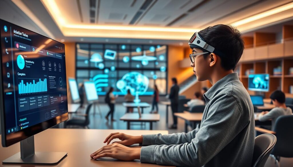 A sleek and intuitive digital learning environment, with a personalized dashboard showcasing adaptive AI-powered tools. In the foreground, a student interacts with an intelligent tutoring system, their progress tracked by data visualizations. In the middle ground, collaborative learning spaces feature interactive whiteboards and virtual assistants. The background depicts a futuristic school campus, with floating holograms and immersive augmented reality experiences. Soft, warm lighting creates a focused, yet welcoming atmosphere, inviting exploration and discovery. The scene conveys the seamless integration of cutting-edge AI technology into a personalized, student-centric learning experience.