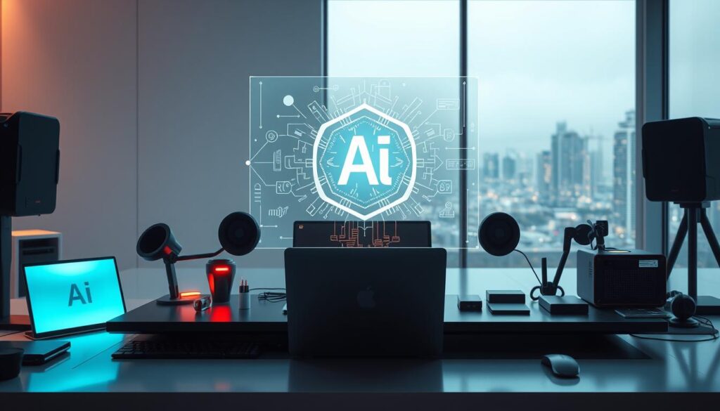 A sleek, futuristic AI development workstation, bathed in a soft, ambient glow. In the foreground, a holographic display hovers, showcasing a stylized AI symbol and schematics. The middle ground features a state-of-the-art laptop, surrounded by an array of cutting-edge peripherals and tools, conveying the sense of a comprehensive AI development ecosystem. The background is a minimalist, high-tech environment, with subtle lighting accents and a hint of a cityscape visible through a large window, suggesting the rapid advancement of AI technology in the modern world. The overall scene exudes a sense of progress, innovation, and the ever-evolving nature of artificial intelligence.