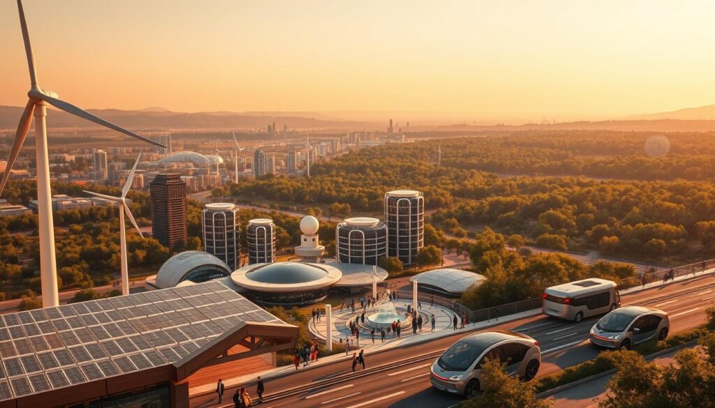 A sleek, futuristic cityscape bathed in warm, golden light. In the foreground, a group of innovative sustainable technologies stand out - a towering wind turbine, gleaming solar panels, and a network of energy-efficient buildings. The middle ground features a bustling hub of activity, with people interacting with intuitive digital interfaces and autonomous electric vehicles gliding smoothly through the streets. In the background, a lush, verdant landscape frames the scene, hinting at a harmonious integration of nature and technology. The overall atmosphere conveys a sense of progress, innovation, and a hopeful vision for a sustainable future.