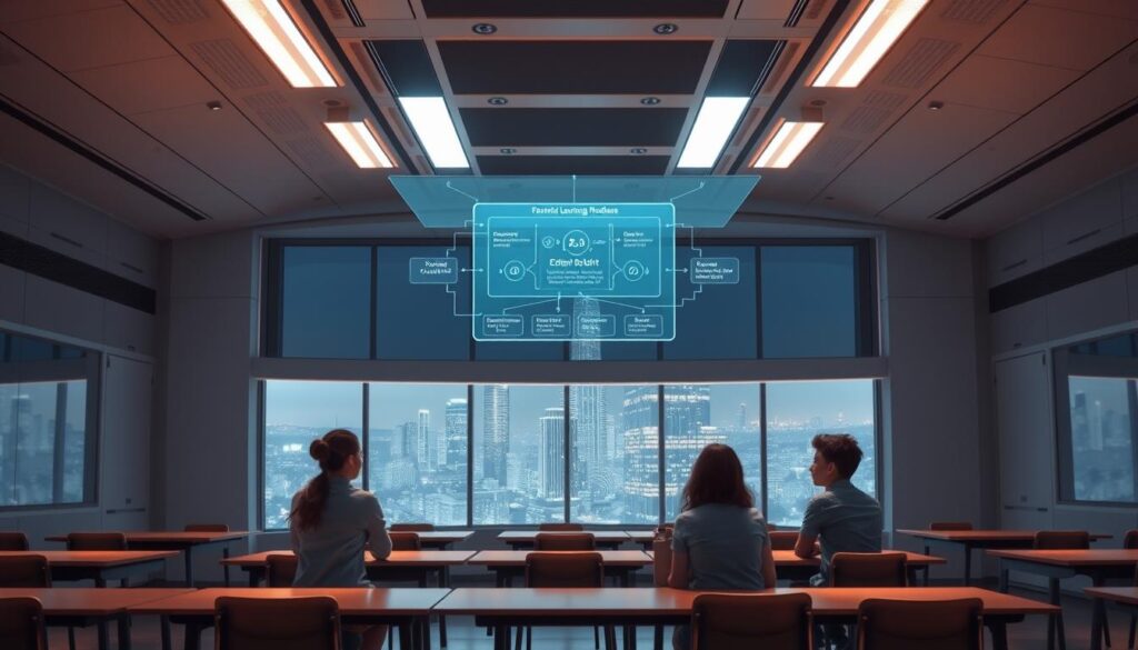 A sleek, futuristic classroom with a holographic display at the center, showcasing personalized learning modules tailored to individual students. The room is bathed in a soft, ambient lighting, creating a calming, focused atmosphere. In the foreground, a group of students interact with the holographic interface, their faces lit by the warm glow of the display. The middle ground features desks and chairs arranged in a collaborative layout, encouraging peer-to-peer learning. The background reveals a panoramic window, offering a glimpse of a technologically advanced city skyline, symbolizing the integration of AI-powered education within a modern, forward-thinking society. A sleek, futuristic classroom with a holographic display at the center, showcasing personalized learning modules tailored to individual students. The room is bathed in a soft, ambient lighting, creating a calming, focused atmosphere. In the foreground, a group of students interact with the holographic interface, their faces lit by the warm glow of the display. The middle ground features desks and chairs arranged in a collaborative layout, encouraging peer-to-peer learning. The background reveals a panoramic window, offering a glimpse of a technologically advanced city skyline, symbolizing the integration of AI-powered education within a modern, forward-thinking society.