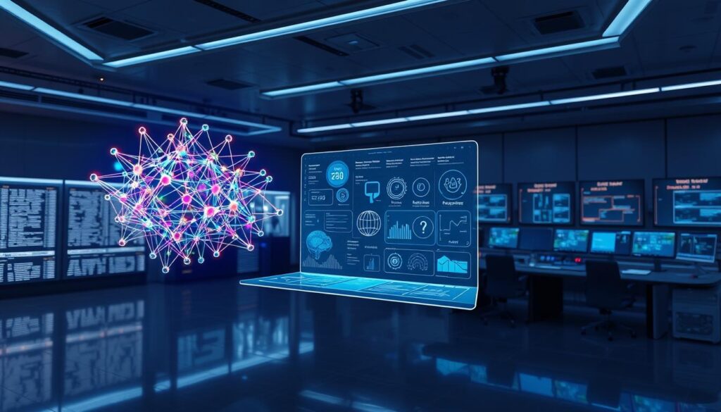 A sleek, futuristic lab setting with advanced AI models floating in a holographic display. In the foreground, a cluster of interconnected neural networks pulsing with multicolored energy, representing the seamless integration of diverse data inputs. In the middle ground, a large, transparent touchscreen interface showcases visuals of natural language processing, computer vision, and speech recognition - the core capabilities of these cutting-edge multimodal AI systems. The background features a sophisticated, minimalist control room with banks of monitors and diagnostic readouts, casting a cool, blue-tinted glow across the scene. The overall mood is one of technological sophistication, scientific innovation, and the boundless potential of AI to expand the frontiers of human knowledge.