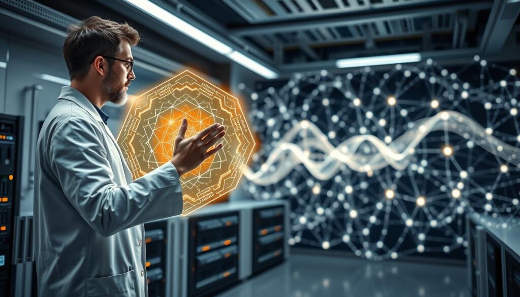 A sleek, futuristic laboratory setting with advanced quantum computing hardware and holographic displays. In the foreground, a scientist in a clean white lab coat interacts with a floating, shimmering quantum circuit diagram, manipulating its intricate patterns with graceful hand gestures. The middle ground features banks of quantum processors, their intricate designs casting an otherworldly glow. In the background, a massive quantum entanglement visualization pulses with energy, its interconnected nodes and waves of data representing the powerful potential of quantum machine learning algorithms. Dramatic lighting and depth of field create a sense of technological wonder and scientific discovery.