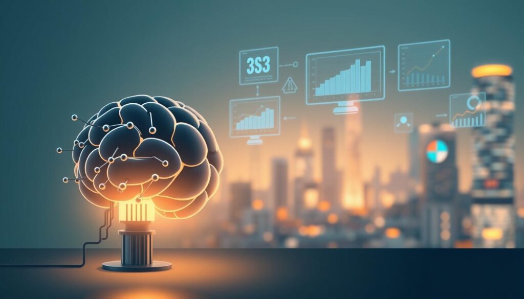 A sleek, minimalist illustration depicting the fundamentals of artificial intelligence. In the foreground, a stylized AI brain module with interconnected circuits and data flows, illuminated by a soft, warm light. In the middle ground, holographic data visualizations hover, showcasing statistical models and algorithmic processes. The background features a blurred, futuristic cityscape, hinting at the real-world applications of AI. The overall atmosphere is one of innovation, exploration, and the infinite potential of machine learning. Muted tones of blue, gray, and metallic accents create a sophisticated, technology-driven aesthetic.