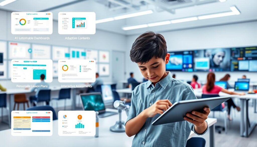 A sleek, minimalist interface showcases a diverse array of AI-powered learning platforms, each with customizable dashboards, adaptive content, and real-time analytics. In the foreground, a student interacts with an intuitive, touch-enabled tablet, navigating through personalized lesson plans and interactive assessments. The middle ground features a cluster of networked devices, including laptops and smartphones, highlighting the seamless integration of these AI-powered tools across multiple devices. The background scene depicts a modern, technology-infused classroom, with large display screens and collaborative workspaces, creating an immersive, future-forward educational environment. A sleek, minimalist interface showcases a diverse array of AI-powered learning platforms, each with customizable dashboards, adaptive content, and real-time analytics. In the foreground, a student interacts with an intuitive, touch-enabled tablet, navigating through personalized lesson plans and interactive assessments. The middle ground features a cluster of networked devices, including laptops and smartphones, highlighting the seamless integration of these AI-powered tools across multiple devices. The background scene depicts a modern, technology-infused classroom, with large display screens and collaborative workspaces, creating an immersive, future-forward educational environment.