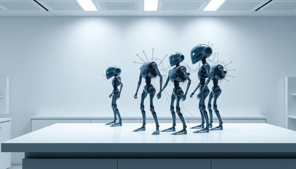 A sleek, minimalist laboratory setting, bathed in cool, soft lighting. On a central workbench, a collection of stylized, interconnected AI models stand in a visually striking formation, their intricate components and data pathways visible. The models appear to be in active dialogue, data and information flowing seamlessly between them. The background is a clean, muted palette, drawing the viewer's focus to the sophisticated, multimodal nature of the AI systems. Elegant curves, sharp edges, and a sense of technological elegance permeate the scene, hinting at the power and complexity of these advanced AI architectures.