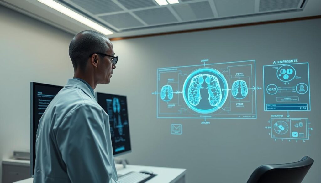 A sleek, minimalist medical diagnostic workstation showcasing AI-powered analysis of medical scans. In the foreground, a doctor reviews high-resolution 3D imagery of a patient's anatomy, rendered with photorealistic detail under crisp, directional lighting. In the middle ground, diagnostic algorithms process the data, with holographic interfaces and animated data visualizations. The background depicts a clinical, yet calming environment, with muted tones and clean, modern architecture. An atmosphere of precision, innovation, and patient-centric care permeates the scene.