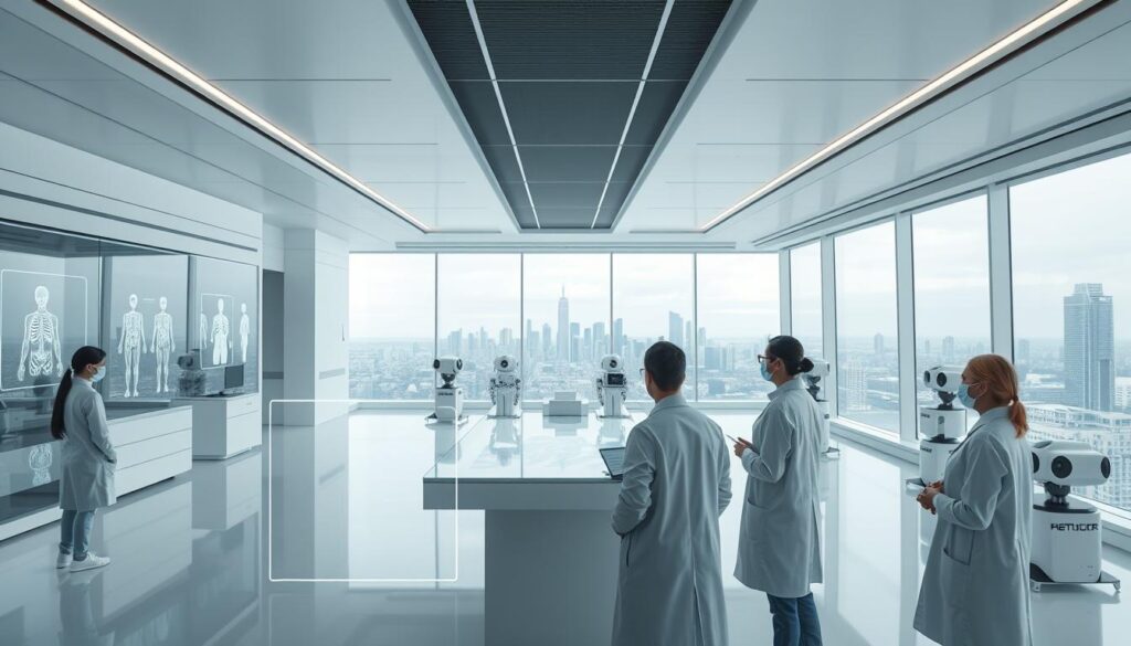 A sleek, minimalist medical research laboratory with advanced AI systems and holographic displays. In the foreground, a team of researchers in lab coats scrutinize 3D models of human anatomy, discussing ethical principles projected onto the transparent screens. The middle ground features state-of-the-art medical imaging equipment and robotic assistants, while the background showcases a panoramic view of the city skyline through floor-to-ceiling windows, symbolizing the global impact of this research. Soft, diffused lighting creates a contemplative atmosphere, inviting the viewer to ponder the weighty decisions faced by the scientists.