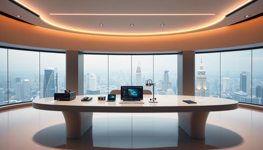 A sleek, minimalist office interior with a large, curved desk at the center. On the desk, a state-of-the-art laptop and various digital devices, conveying the advanced technology powering AI content creation. The background features a panoramic window overlooking a futuristic cityscape, bathed in warm, diffused lighting. The overall mood is one of innovation, efficiency, and the seamless integration of AI into the creative process.