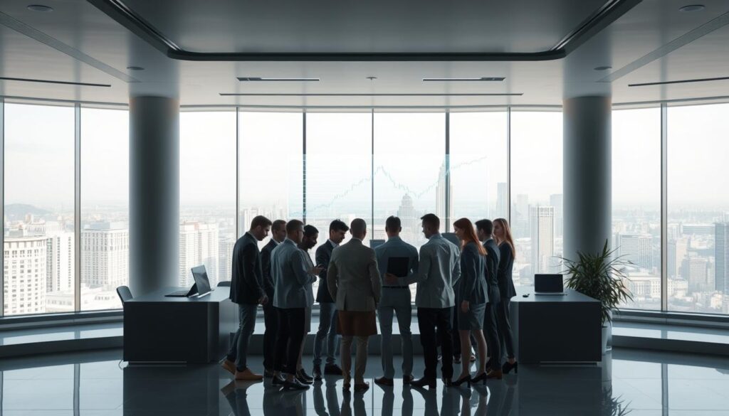 A sleek, minimalist office interior with floor-to-ceiling windows overlooking a bustling financial district. In the foreground, a team of professionals huddle around a holographic display, examining complex financial data visualizations. Soft, directional lighting accentuates the clean lines and sophisticated materials of the space. In the background, an expansive city skyline stretches out, hinting at the broader context of the financial world. The mood is one of focused collaboration and technological innovation, capturing the essence of multimodal AI transforming the financial services industry.