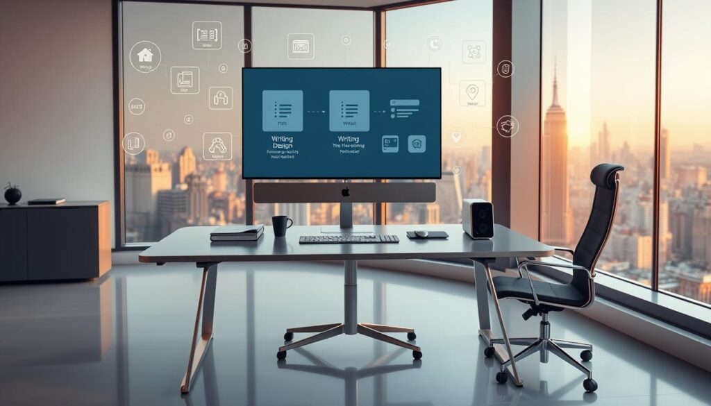 A sleek, minimalist office setting with a stylish desk, ergonomic chair, and large monitor displaying an AI content creation workflow. In the foreground, digital icons and UI elements float above the desk, representing the various AI-powered tools for writing, design, and multimedia production. The middle ground features a sophisticated, chrome-accented desktop computer and peripheral devices. The background has floor-to-ceiling windows overlooking a bustling cityscape, bathed in warm, golden-hour lighting that casts a serene, productive atmosphere. The overall scene conveys the seamless integration of cutting-edge AI technology into a modern, efficient content creation process.