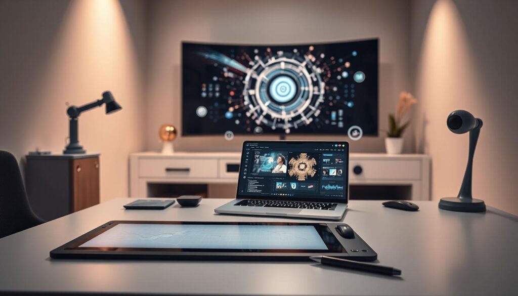 A sleek, minimalist office workspace filled with cutting-edge AI design tools. In the foreground, a high-resolution graphics tablet and stylus await the designer's touch. On the desk, a state-of-the-art laptop displays a suite of AI-powered design software, its interface shimmering with generative art and intelligent automation. Floating holographic controls and 3D modeling tools surround the scene, bathed in soft, indirect lighting that casts dramatic shadows. In the background, a large, curved display showcases AI-generated visuals, hinting at the revolutionary potential of these advanced design technologies.