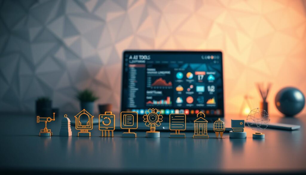 A sleek, minimalist workspace showcasing a variety of AI tools and platforms. In the foreground, an array of stylized icons representing different AI applications like machine learning, natural language processing, and computer vision. In the middle ground, a laptop displaying a visually stunning user interface, conveying the seamless integration of these AI tools. The background features a softly lit geometric pattern, creating a sense of depth and technology. Warm lighting illuminates the scene, evoking a mood of innovation and discovery. The overall composition suggests the power and versatility of AI-driven tools, ready to unlock new possibilities for the curious learner.