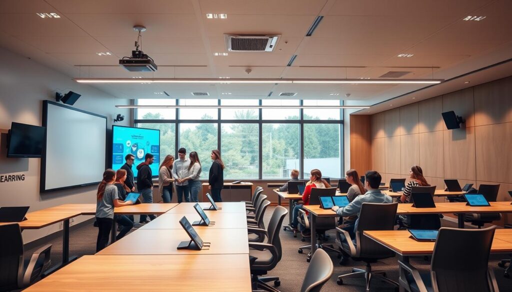 A sleek, modern classroom with a focus on technology integration. In the foreground, students collaborate around a large interactive whiteboard, their faces alight with curiosity as they engage with AI-powered learning tools. The middle ground features rows of stylish, ergonomic desks, each equipped with a tablet device, signifying the seamless blending of digital and physical learning spaces. The background showcases floor-to-ceiling windows, allowing natural light to flood the room and create a warm, welcoming atmosphere. Overhead, subtle LED lighting casts a soft, ambient glow, complementing the advanced AV equipment mounted on the walls. The overall scene conveys a sense of forward-thinking, technology-driven education that empowers students to explore, collaborate, and personalize their learning experiences. A sleek, modern classroom with a focus on technology integration. In the foreground, students collaborate around a large interactive whiteboard, their faces alight with curiosity as they engage with AI-powered learning tools. The middle ground features rows of stylish, ergonomic desks, each equipped with a tablet device, signifying the seamless blending of digital and physical learning spaces. The background showcases floor-to-ceiling windows, allowing natural light to flood the room and create a warm, welcoming atmosphere. Overhead, subtle LED lighting casts a soft, ambient glow, complementing the advanced AV equipment mounted on the walls. The overall scene conveys a sense of forward-thinking, technology-driven education that empowers students to explore, collaborate, and personalize their learning experiences.