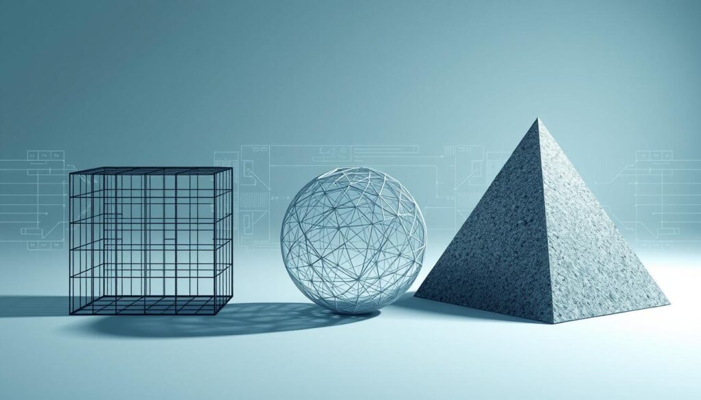 A sleek, modern illustration showcasing the three main types of generative AI: variational autoencoders, generative adversarial networks, and diffusion models. In the foreground, three distinct geometric shapes - a cube, a sphere, and a pyramid - represent each approach. The cube has a wire-frame overlay, the sphere has a stylized pattern, and the pyramid has a grainy, textured surface. In the middle ground, subtle wireframe grids and data visualizations create a technical, digital atmosphere. The background features a soft, gradient-based color scheme, with muted tones of blues and grays conveying a sense of innovation and sophistication. Dramatic, directional lighting casts dramatic shadows, adding depth and dimensionality to the scene. The overall mood is one of thoughtful exploration of the diverse capabilities of generative AI.