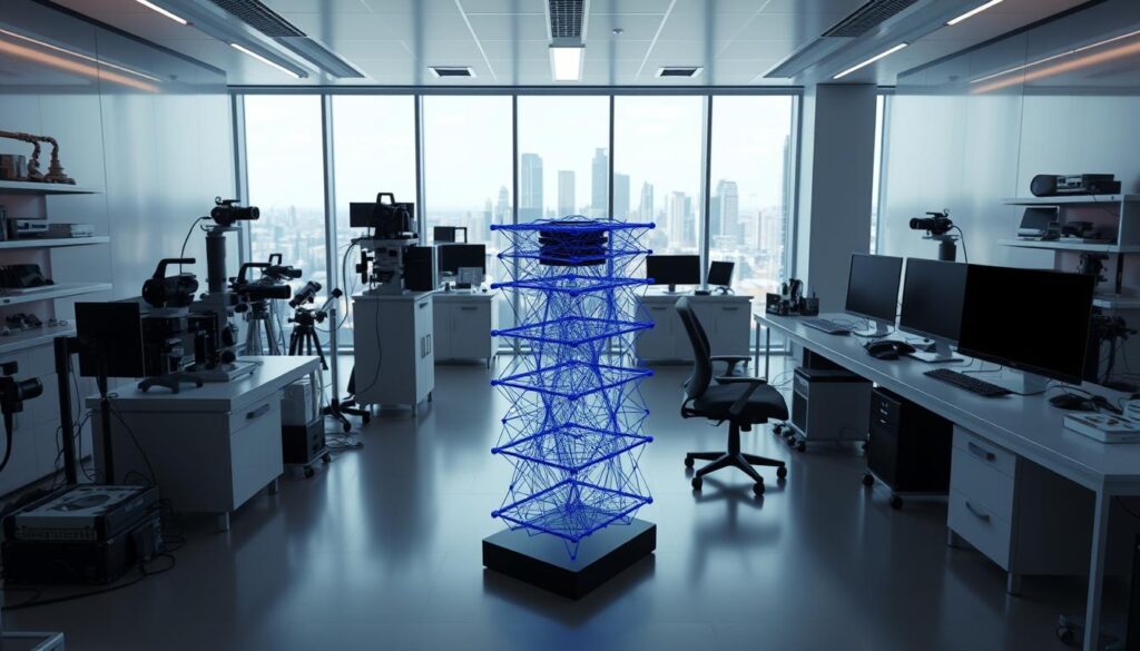 A sleek, modern laboratory setting with a central focus on a variational autoencoder (VAE) model. In the foreground, a stylized 3D visualization of the VAE's neural network architecture, its layers and connections rendered in shades of blue and purple. In the middle ground, scientific instruments and equipment relevant to image generation, such as cameras, displays, and computers, all bathed in a soft, directional lighting. The background is a clean, minimalist workspace with large windows overlooking a cityscape, conveying a sense of technological innovation and real-world application. The overall mood is one of precision, elegance, and the seamless integration of AI systems into the fabric of modern life.