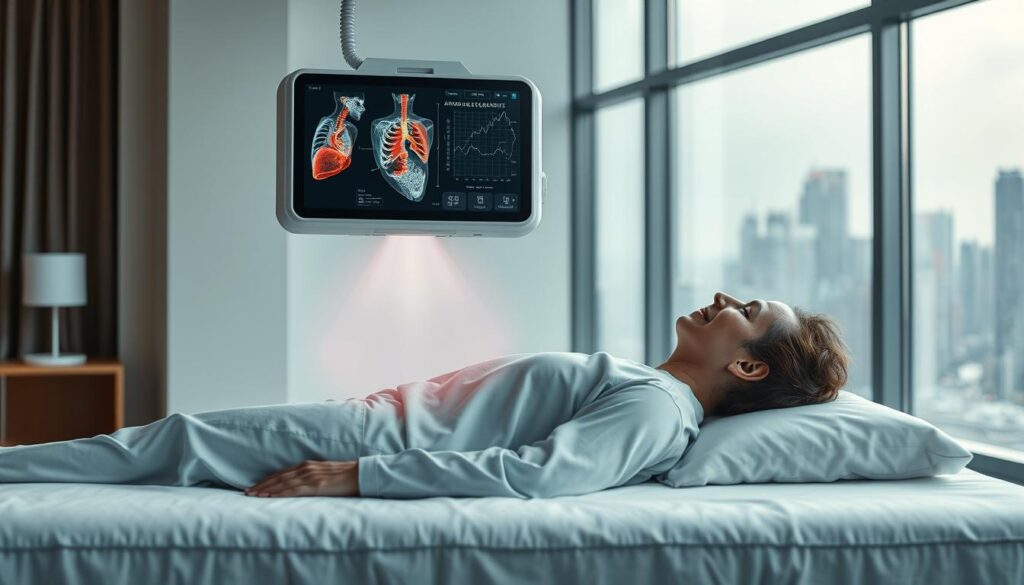 A sleek, modern medical diagnostic device hovers over a patient's reclined figure, its holographic display projecting detailed anatomical imagery. The device's clean, minimalist design exudes an air of precision and professionalism. Soft, diffused lighting bathes the scene, creating a calming, clinical atmosphere. In the background, a large window offers a view of a bustling metropolis, underscoring the tool's cutting-edge, futuristic nature. The patient's expression is one of trust and reassurance, as the AI-powered device seamlessly analyzes their condition and provides accurate, personalized insights.