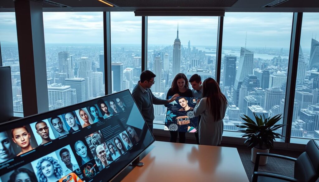 A sleek, modern office environment with a focus on generative AI applications. In the foreground, a display showcases various GAN-generated images, from stylized portraits to abstract art pieces. The middle ground features a team of data scientists and engineers collaboratively brainstorming new GAN architectures on a large touchscreen display, their faces illuminated by the cool glow of the screen. In the background, floor-to-ceiling windows offer a panoramic view of a bustling city skyline, hinting at the wide-ranging impact of these generative AI techniques. The overall scene conveys a sense of innovation, creativity, and the boundless potential of GANs across diverse domains.