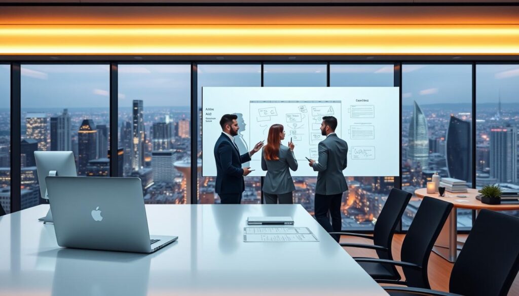 A sleek, modern office interior with a large desk in the foreground, featuring a minimalist laptop, pen holder, and stack of papers. In the middle ground, several employees are collaborating on a virtual whiteboard projected onto the wall, their expressions focused and engaged. The background showcases a panoramic view of a bustling city skyline, bathed in warm, diffused lighting that creates a professional, productive atmosphere. The overall scene conveys the seamless integration of AI-powered administrative tools, enabling efficient workflows and collaborative problem-solving within a sophisticated, technology-driven workspace.