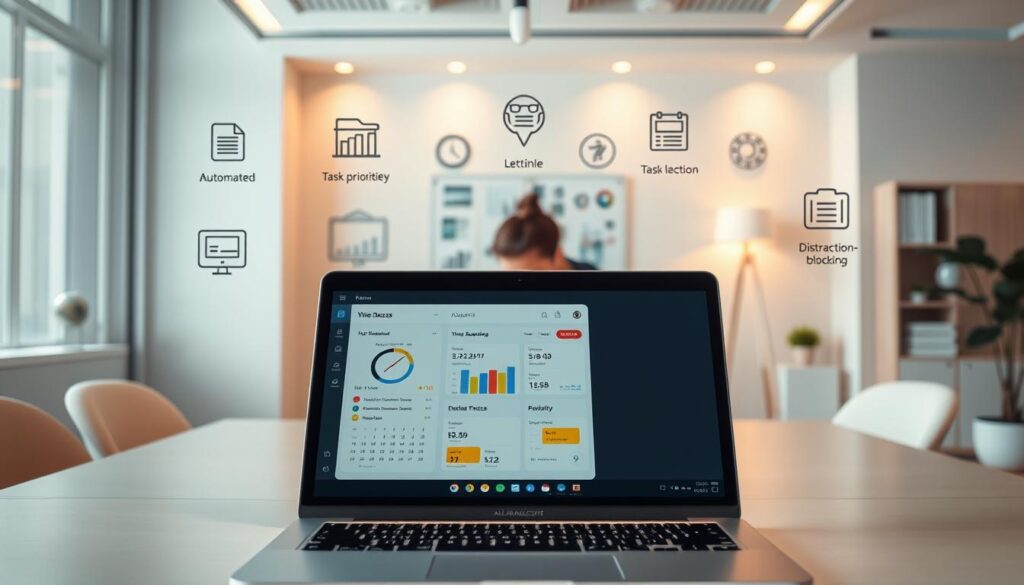 A sleek, modern office setting with a clean, minimalist aesthetic. In the foreground, a laptop displays a time management app with intuitive visuals and controls. In the middle ground, a person sits at a desk, deep in concentration, surrounded by organizational tools like a planner and digital sticky notes. The background features stylized icons and graphics representing various AI-powered productivity features, such as automated scheduling, task prioritization, and distraction-blocking. Warm, directional lighting creates a focused, productive atmosphere. The overall scene conveys the seamless integration of AI-driven time management solutions into a student's academic workflow, supporting their success.