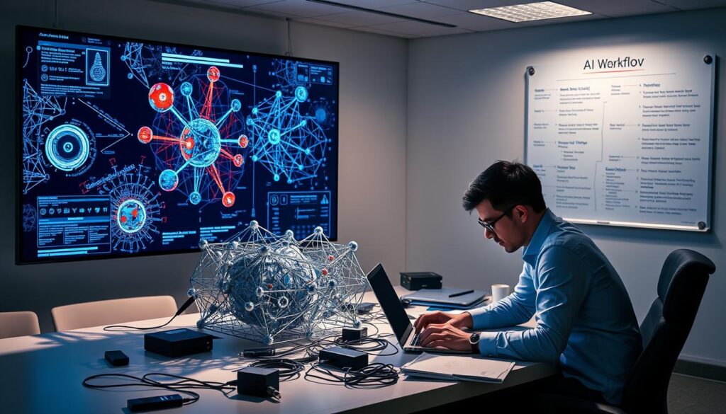 A sleek, modern office setting with a large, flat-panel display showcasing intricate data visualizations. In the foreground, a data scientist diligently works on a laptop, surrounded by a clutter of cables, external hard drives, and reference materials. Soft, directional lighting casts dramatic shadows, emphasizing the intense focus and concentration. The middle ground features a stylized 3D model of a neural network, its intricate layers and connections pulsing with energy. In the background, a wall-mounted whiteboard displays a mind map of the AI workflow, outlining the key steps of data preparation, from collection and cleaning to transformation and feature engineering. The overall atmosphere is one of technological sophistication and the thrill of unlocking the power of AI.