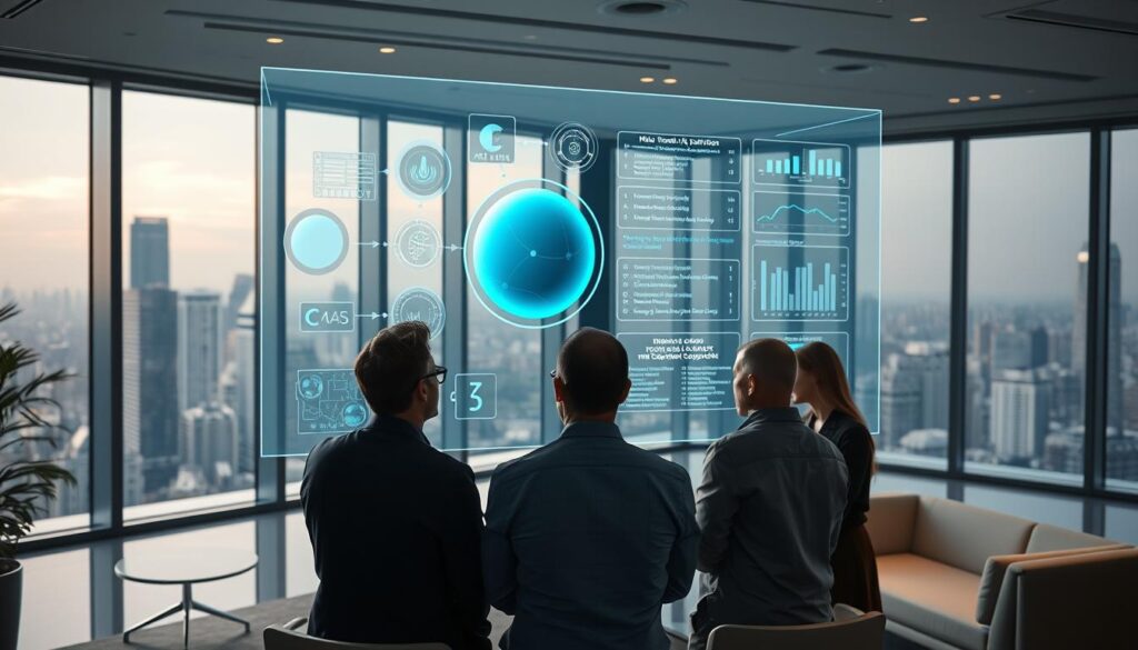A sleek, modern office setting with a large holographic display showcasing various AI models and datasets. In the foreground, a group of data scientists and analysts deeply engaged in analyzing the performance and capabilities of the multimodal AI solutions, their expressions thoughtful and intent. Soft, indirect lighting creates a contemplative atmosphere, while the background features minimalist furniture and large windows overlooking a bustling city skyline. The scene conveys a sense of professional rigor, technological advancement, and the weight of evaluating impactful AI systems.