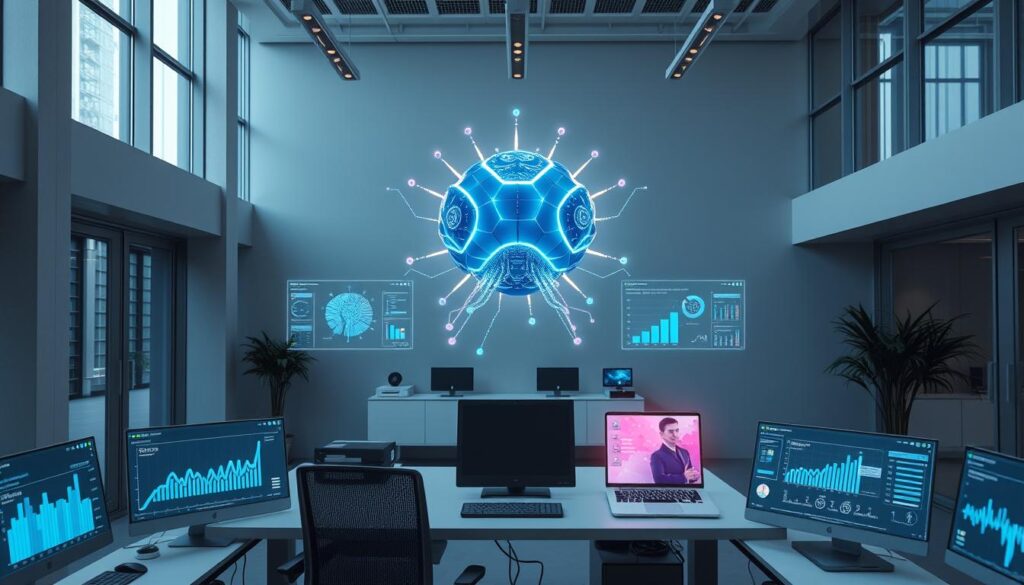 A sleek, modern office setting with minimalist decor and large windows that let in natural light. In the center, a stylized AI model hovers above a desk, surrounded by glowing data visualizations and analytics dashboards. The AI is learning and adapting, its neural networks pulsing with insights that are displayed on nearby screens. The mood is one of innovation, progress, and the power of AI to revolutionize personalized learning. The camera angle is slightly elevated, capturing the scene from an overhead perspective to emphasize the AI's sophisticated capabilities.
