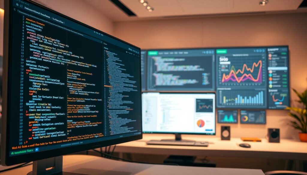 A sleek, modern software interface with various AI-powered coding tools and features. In the foreground, a high-resolution display showcases intelligent code completion, syntax highlighting, and real-time error detection. In the middle ground, a clean desktop environment with a minimalist design, featuring a code editor, debugging console, and project management panels. The background depicts a sophisticated, data-driven analytics dashboard, providing insights into code optimization, performance metrics, and collaboration workflows. The scene is illuminated by warm, indirect lighting, creating a productive and streamlined atmosphere for advanced software development.