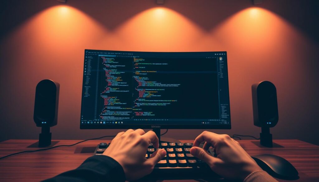 A sleek, modern workspace with a large monitor displaying a sophisticated AI-powered code editor interface. The screen shows code snippets, function calls, and variable declarations, all connected by intelligent, context-aware suggestions and annotations. In the foreground, a developer's hands are poised over a mechanical keyboard, their focus intent as they code. Warm, directional lighting from above illuminates the scene, casting subtle shadows and highlighting the details of the workspace. The background is a minimalist, monochromatic environment, allowing the AI-powered coding experience to take center stage.