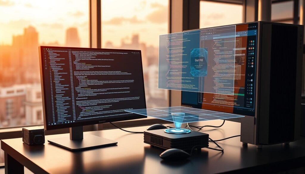 A sleek, modern workspace with an array of advanced AI coding tools. In the foreground, a high-resolution display showcases a complex code editor with integrated debugging, auto-completion, and code refactoring features. On the desk, a state-of-the-art computer with a minimalist design houses a powerful GPU for machine learning tasks. In the middle ground, a holographic interface projects real-time performance metrics and code analysis. The background features floor-to-ceiling windows, bathing the room in warm, natural light and offering a panoramic view of a futuristic cityscape. The overall scene conveys a sense of technological sophistication and efficiency, perfectly suited for the demands of the modern software developer.