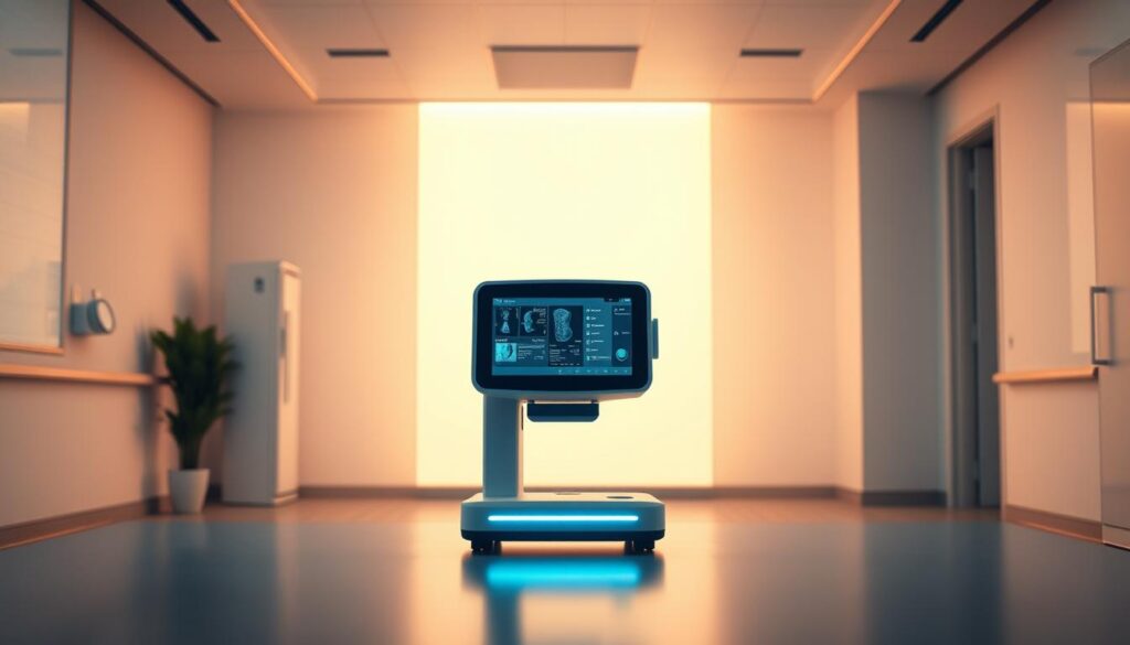 A state-of-the-art AI medical diagnosis tool stands prominently in the center of the frame, its sleek and modern design exuding a sense of sophistication and precision. The tool is bathed in a warm, diffused lighting that casts gentle shadows, conveying a professional and clinical atmosphere. In the background, a minimalist medical office setting with clean lines and neutral tones provides a serene and focused backdrop, allowing the diagnostic tool to take center stage. The overall composition suggests a powerful, yet user-friendly interface that seamlessly integrates cutting-edge technology with the practice of evidence-based medicine.