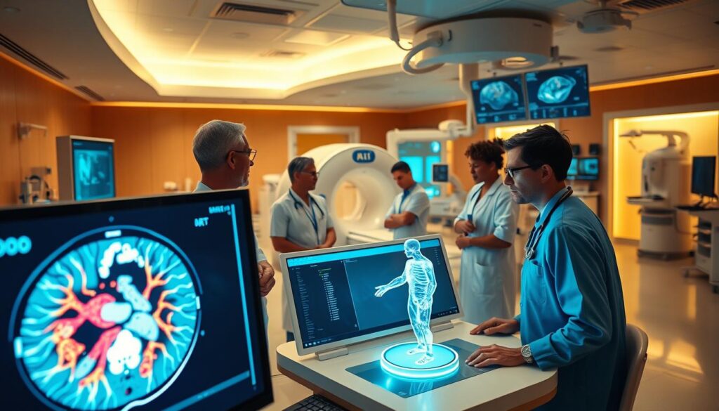 A state-of-the-art medical imaging suite, bathed in warm clinical lighting. In the foreground, a high-resolution CT scan display showcases intricate, color-coded anatomical structures. Beside it, a sleek AI workstation with a detailed 3D model of the human body, rotating gently. In the middle ground, a team of medical professionals intently studying the data, their expressions thoughtful and focused. The background features advanced imaging equipment - MRI scanners, ultrasound machines, and other cutting-edge diagnostic tools. An atmosphere of precision, innovation, and a relentless pursuit of better patient outcomes permeates the scene.