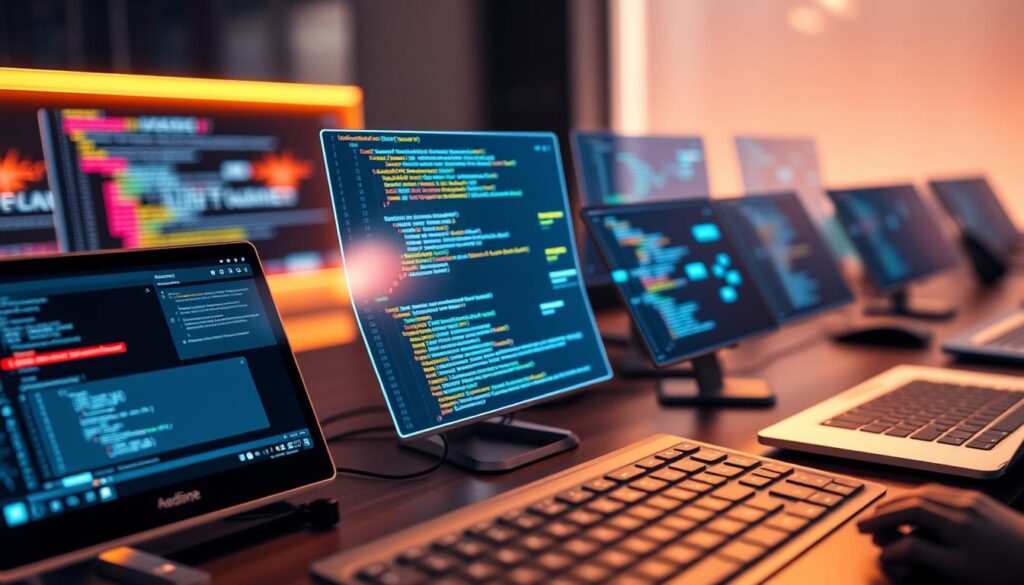 A stylish, well-lit close-up of an array of top-tier AI code assistants in action. In the foreground, sleek interfaces and intuitive controls of state-of-the-art AI-powered coding tools, their elegant designs complemented by a warm, sophisticated lighting. In the middle ground, code snippets and data visualizations dance across holographic displays, showcasing the tools' advanced analytical and generative capabilities. The background fades into a soft, futuristic environment, hinting at the seamless integration of these AI assistants into the modern software development workflow. The overall scene conveys a sense of effortless productivity, innovation, and the transformative power of AI in empowering the coders of tomorrow.