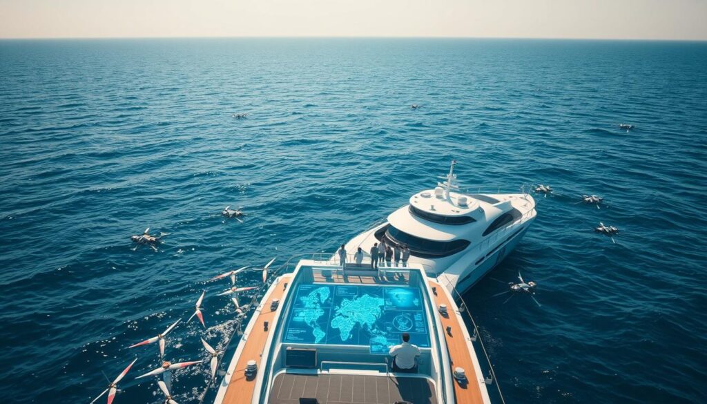 A vast, azure expanse of the open ocean, its surface rippling gently under the warm glow of the sun. In the foreground, a sleek, futuristic research vessel equipped with state-of-the-art sensors and cameras, capturing real-time data on ocean health and marine life. Drones and autonomous underwater vehicles (AUVs) fan out, surveying the depths and transmitting their findings to the ship's on-board AI systems. In the middle ground, a team of scientists and technicians monitor holographic displays, analyzing the data and using machine learning algorithms to detect patterns and anomalies, helping to identify potential threats to the ocean's delicate ecosystem. In the background, a serene horizon, hinting at the vastness of the world's oceans and the critical role they play in regulating the planet's climate and supporting life.